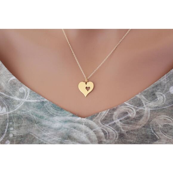 Gold Heart Charm Necklace, Gold Heart with Heart Cutout Charm Necklace